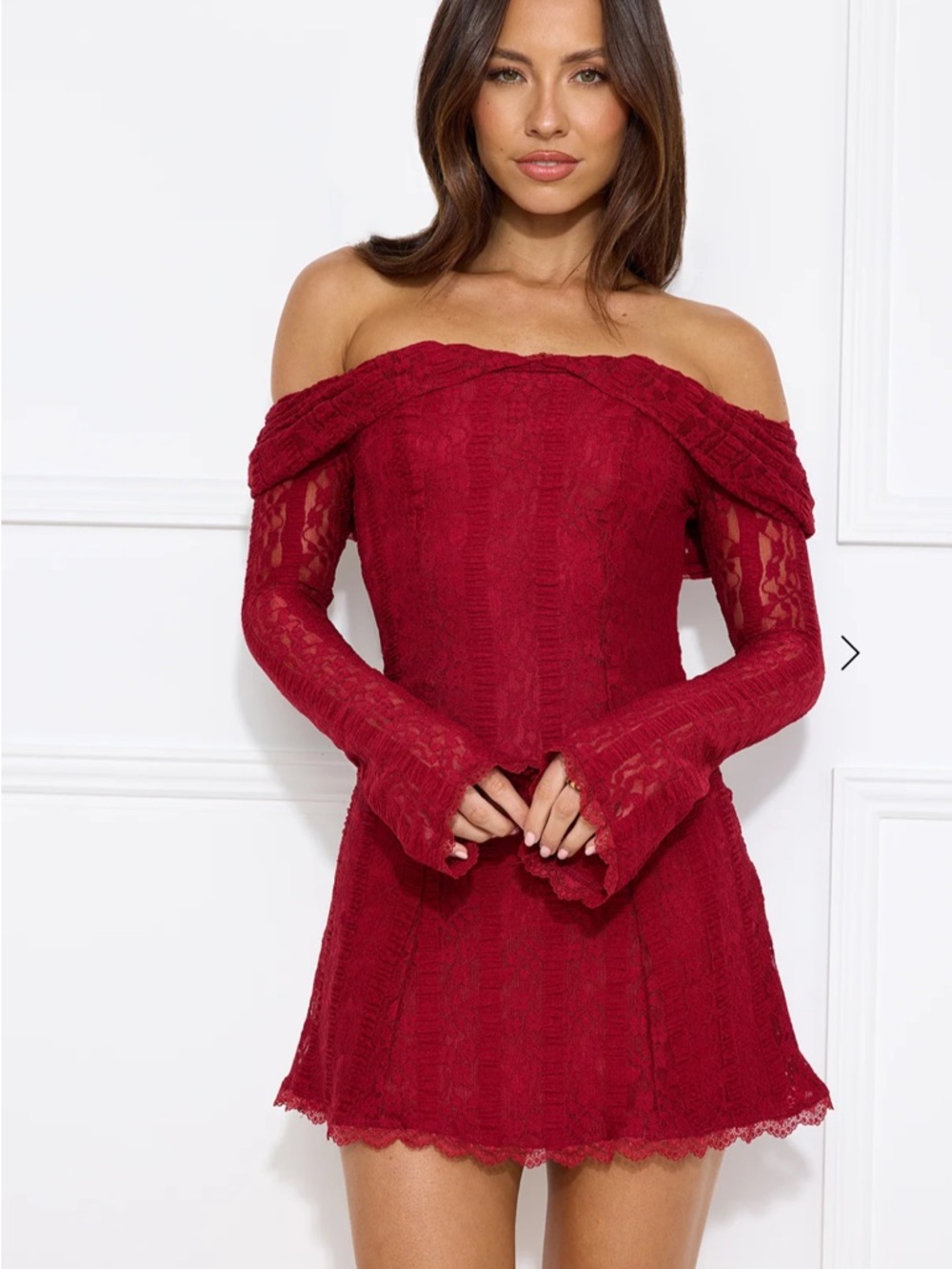 Hello Molly Off-Shoulder Lace Mini Dress in Burgundy